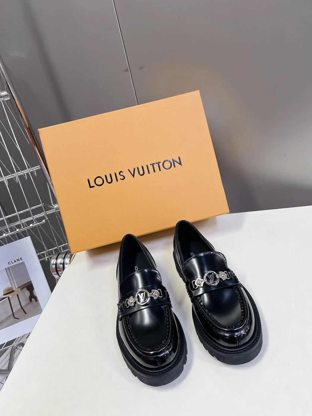 Louis Vuitton Women Black Leather Loafers — Chain Detail with Lug Sole product view 3