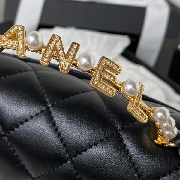 Chanel Woc Pearl Handle Plated Handbags Black Leather With Lock Gold .5×14.5×5.5 cm product view 4