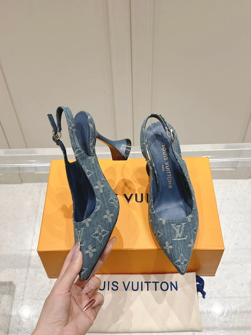 Louis Vuitton Women Blue Denim Leather Trim Slingback Heels product view 3