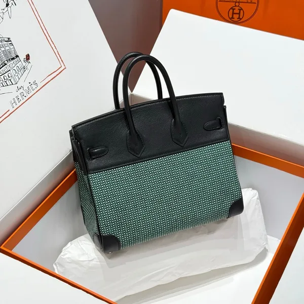Hermès Birkin 25 cm In Black Swift Black/Mint/Blanc Toile Canvas (Custom-Made) Bag product view 2