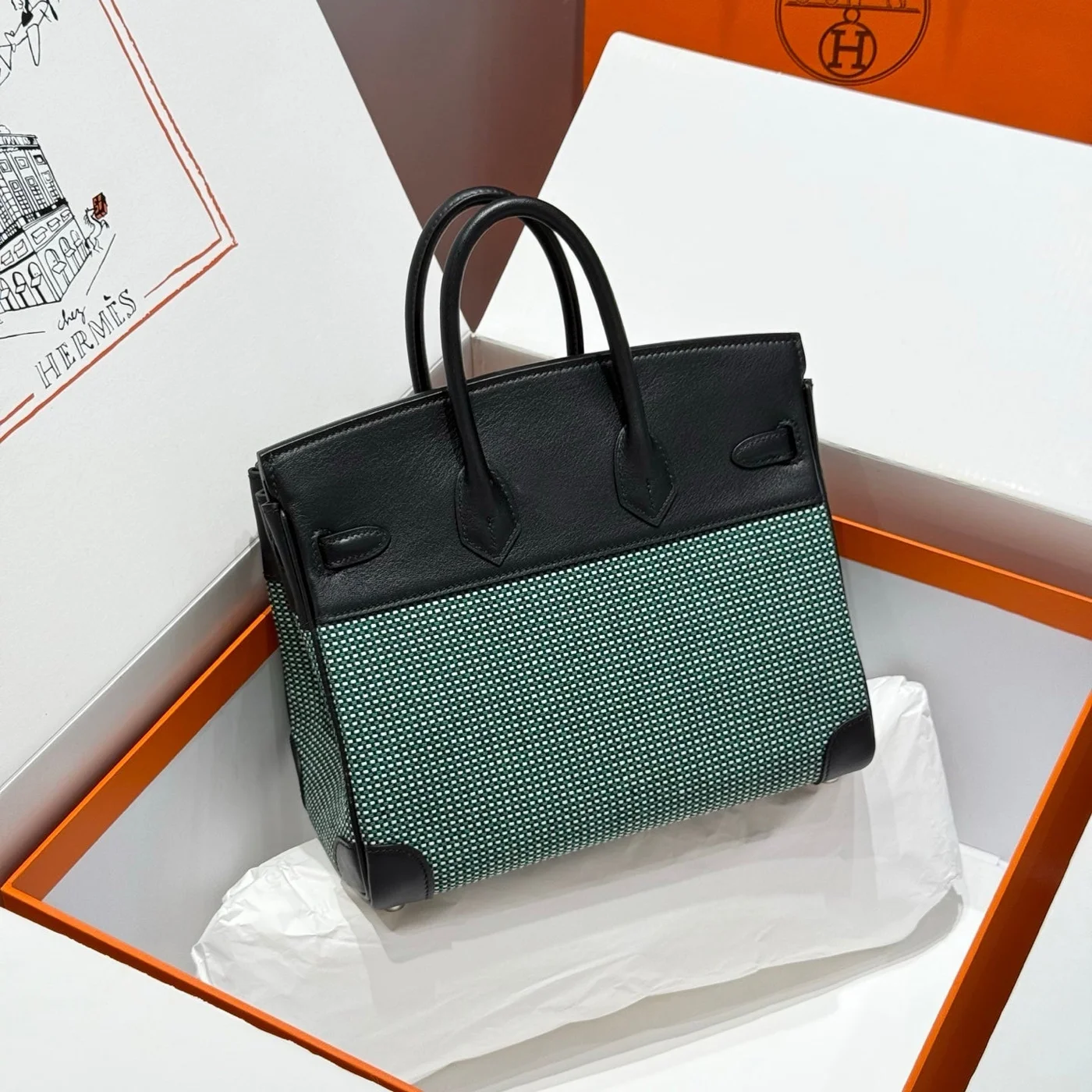 Hermès Birkin 25 cm In Black Swift Black/Mint/Blanc Toile Canvas (Custom-Made) Bag product view 2