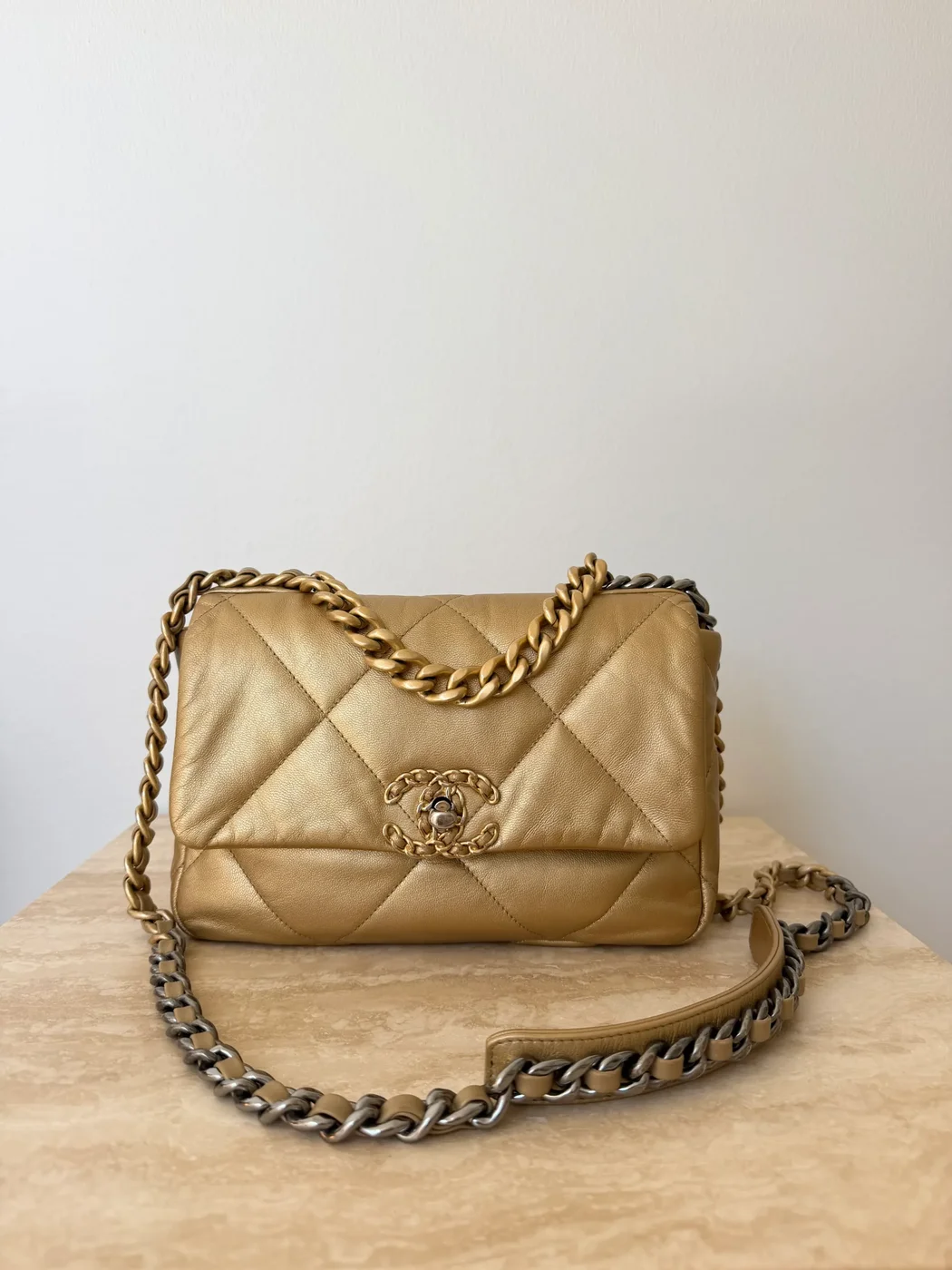 Chanel 19 Small Metallic Gold Lambskin Bag product view 1