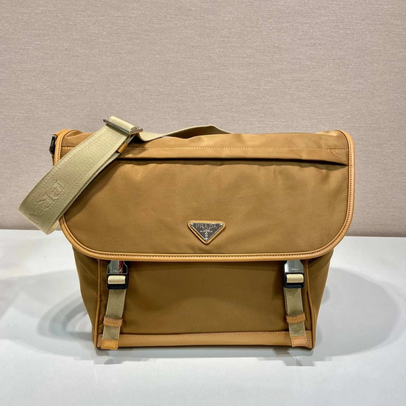 Prada Large Flap Bag 30 In Cider Brown Re-Nylon And Calfskin Trim product view 1