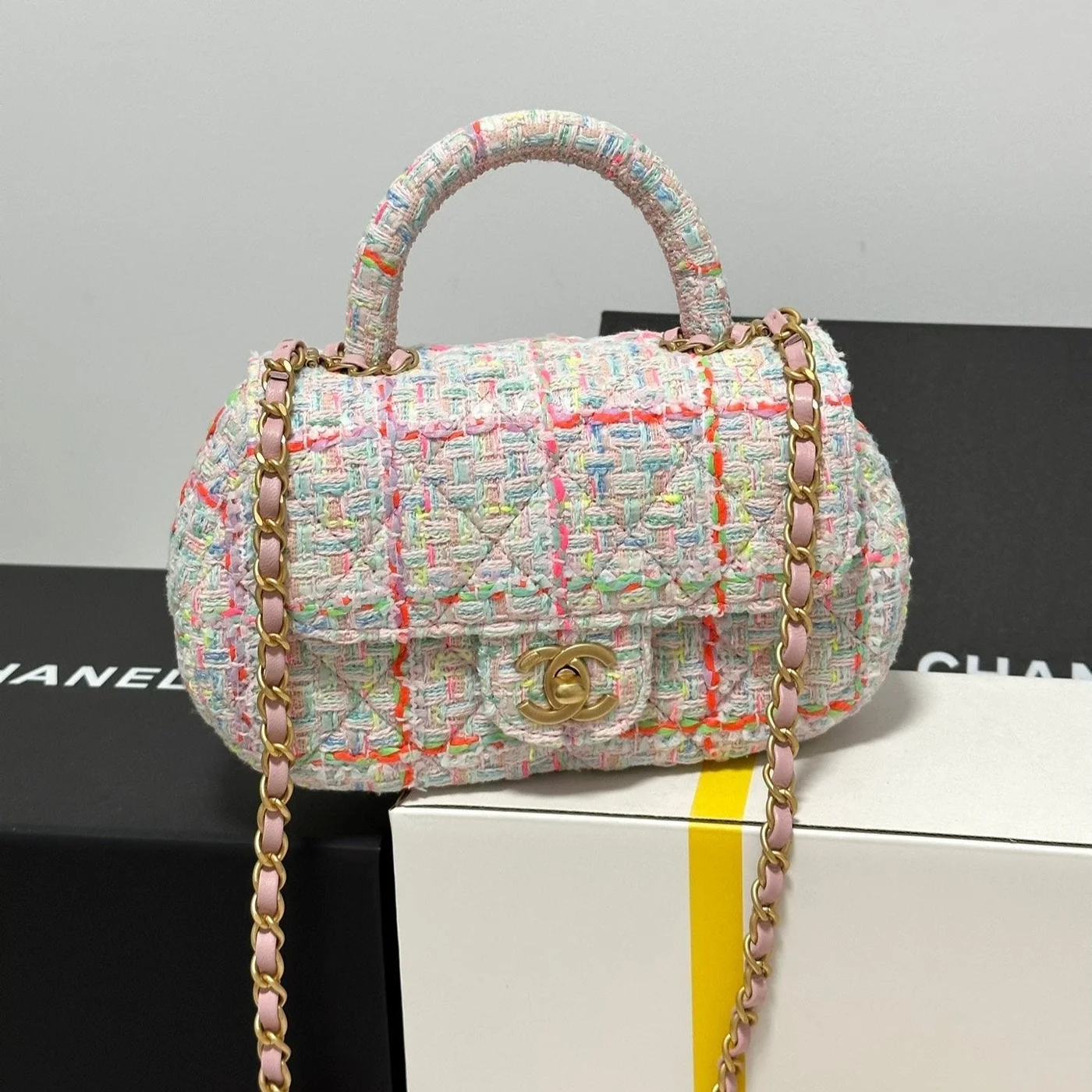 Chanel Mini Flap Bag with Top Handle Pink Tweed Bag product view 1