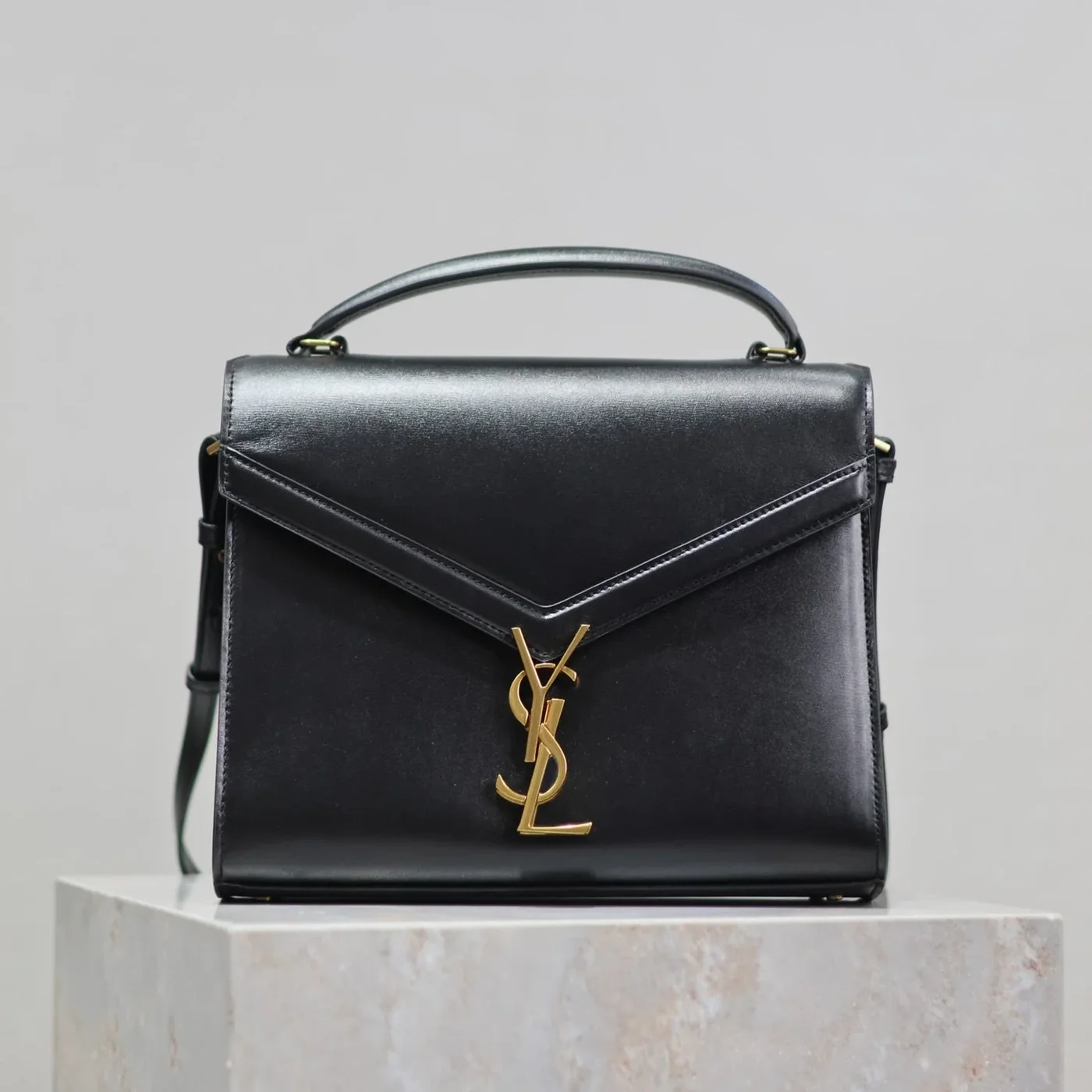 Saint Laurent Cassandra Top Handle Bag Medium Black Smooth Lambskin Gold Hardware product view 1