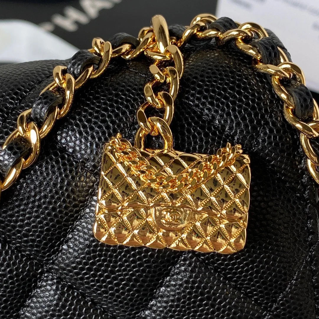 Chanel Woc Charm Handbag Lizard Skin Black With Gold Lock 20 cm product view 5