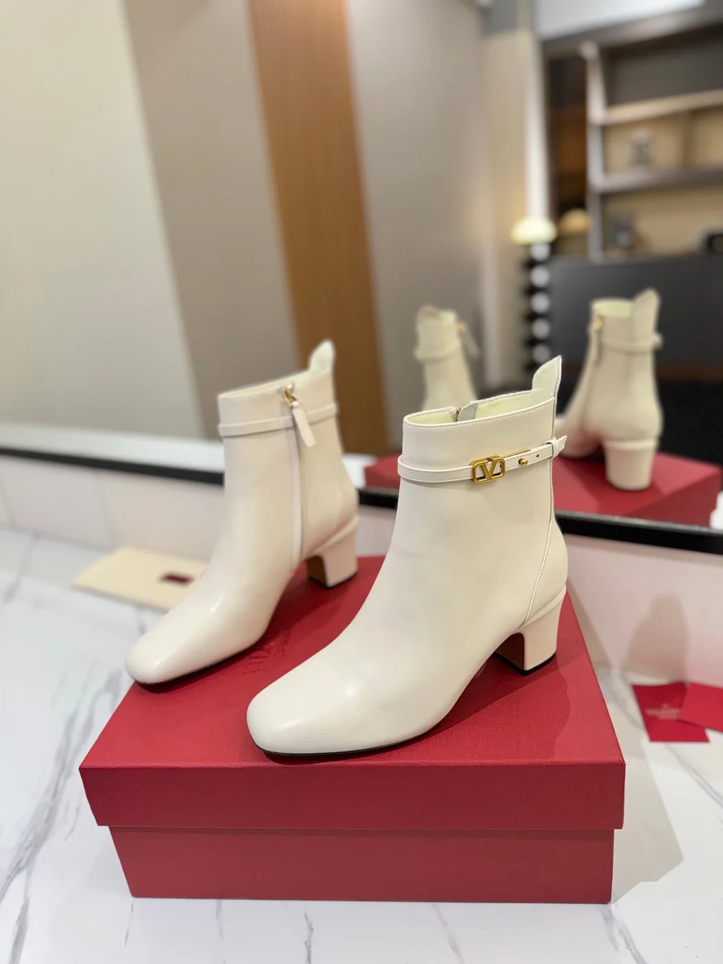 Valentino Women White Leather Ankle Boots product view 3