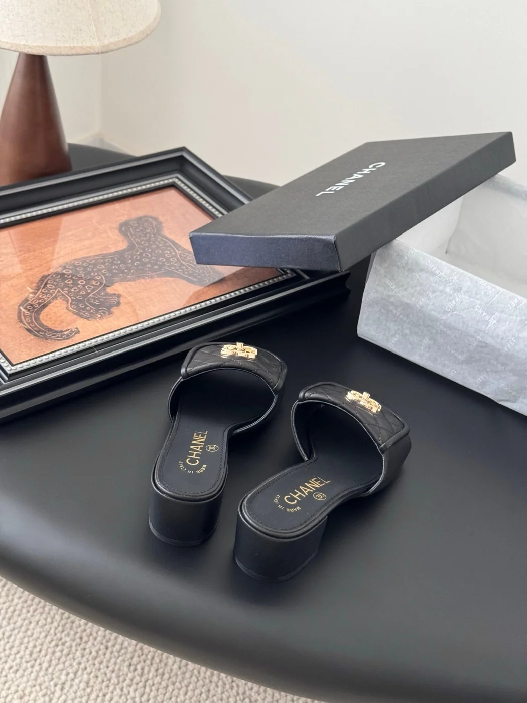 Chanel Women Black Quilted Leather Slides product view 3