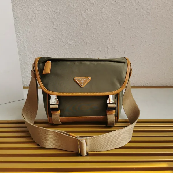 Prada Messenger Bag 20 In Khaki Green Re-Nylon And Brown Calfskin Trim product view 1