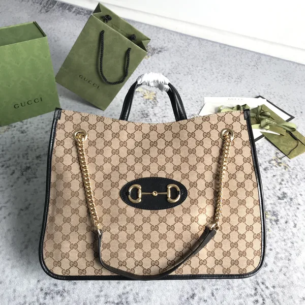 Gucci Brown Large GG Canvas 1955 Horsebit Chain Tote Beige product view 1