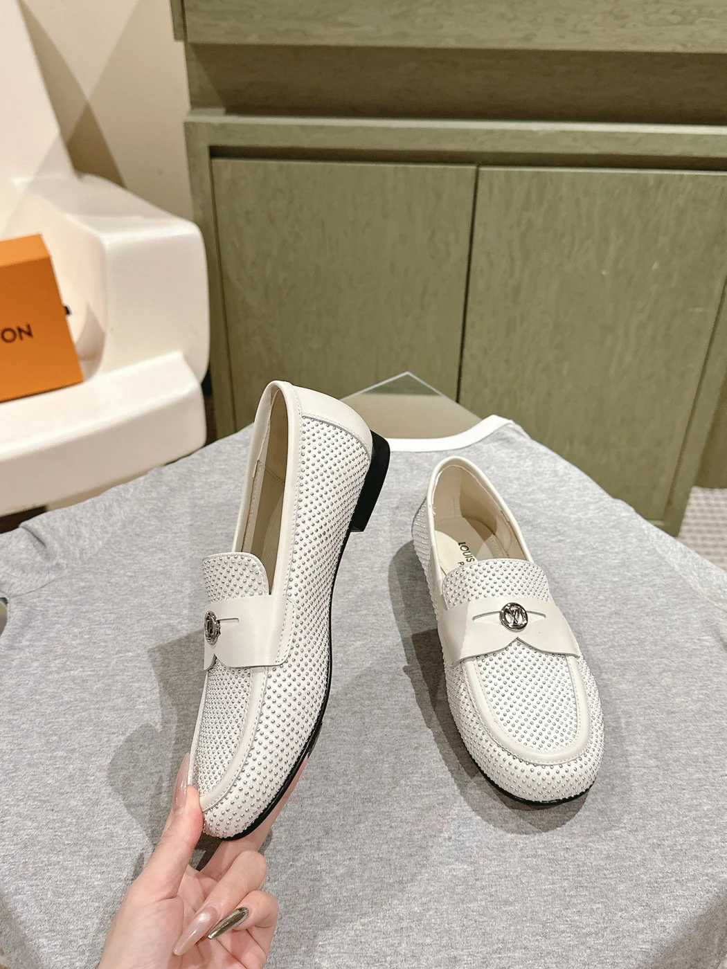 Louis Vuitton Women White Leather Studded Loafers product view 4