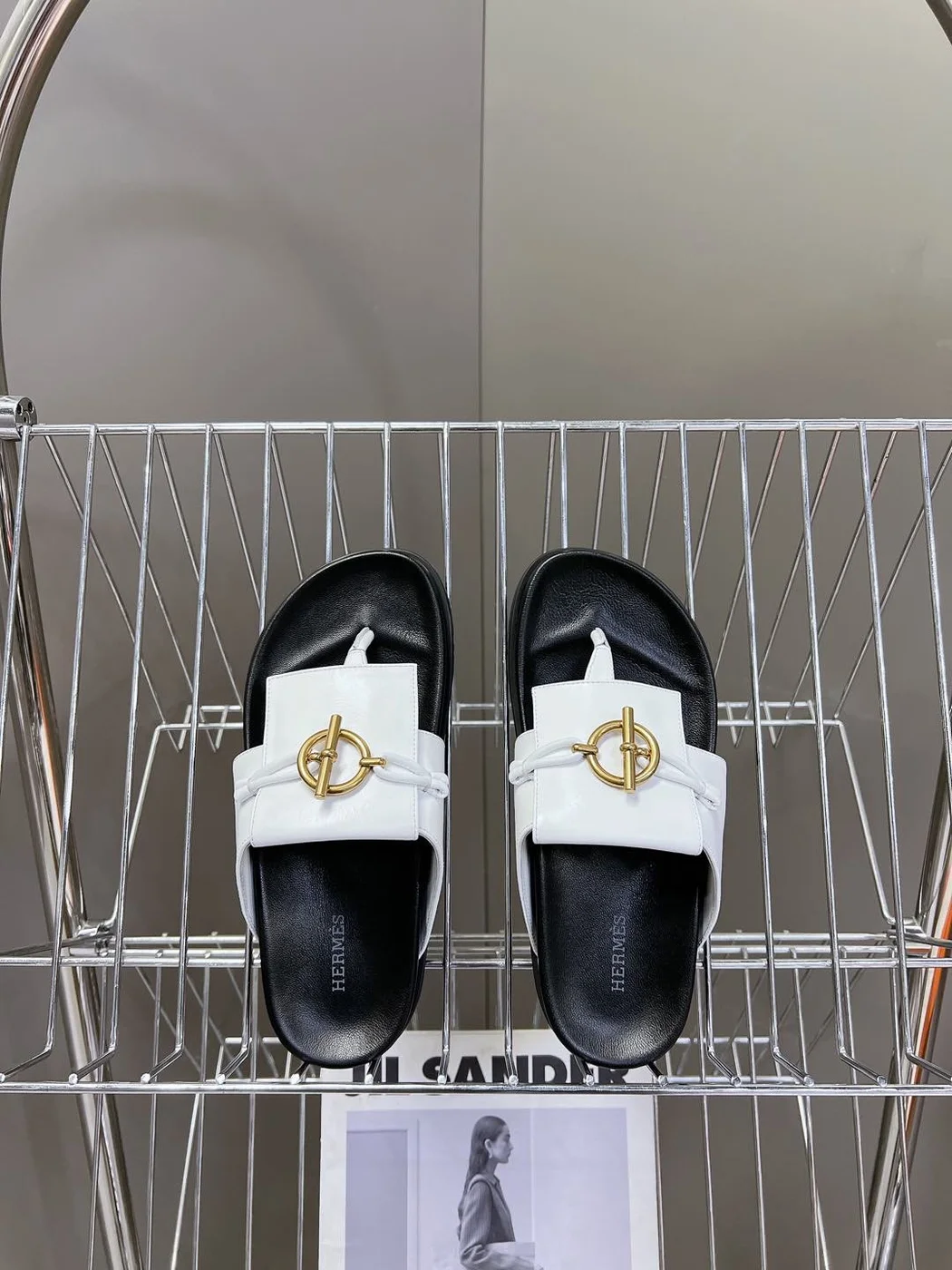 Hermès Women White Leather Black Sole Sandals product view 2