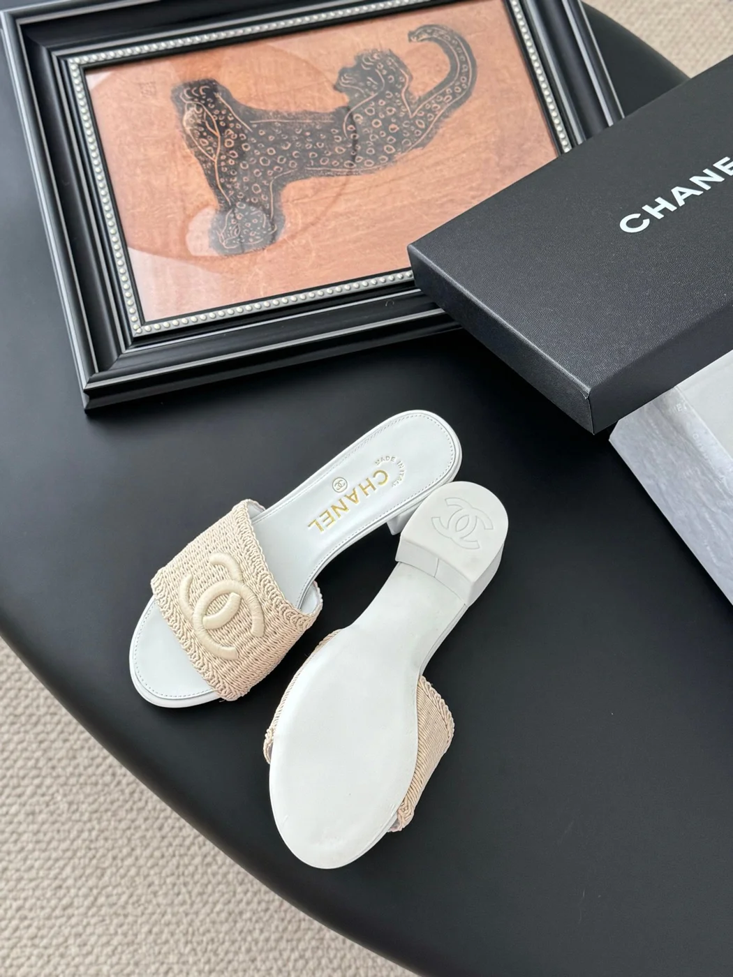 Chanel Women Beige Woven Fabric Slides product view 5