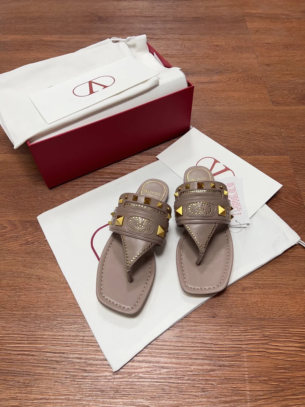 Valentino Women Taupe Leather Studded Sandals product view 1