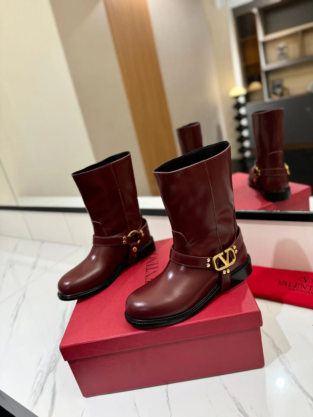 Valentino Women Burgundy Leather Mid-Calf Boots product view 3
