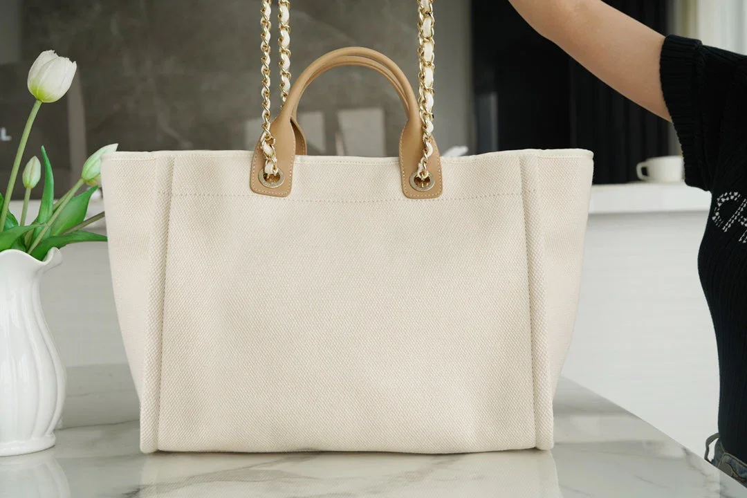 Chanel Tote Bag 39 Attached Pearl Logo In Beige Canvas Gold Hardware product view 4