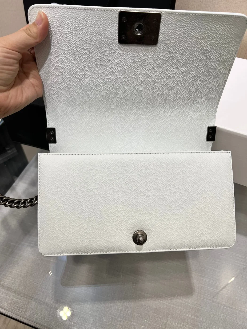 Chanel Boy Bag Medium 25 White Caviar Ruthenium Hardware product view 2