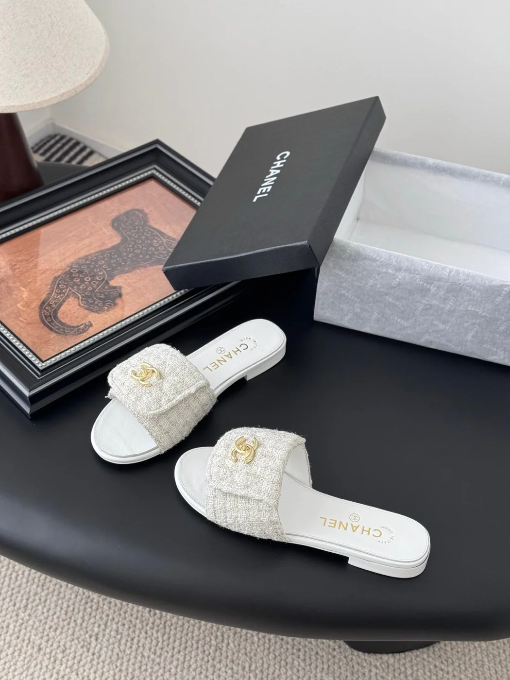 Chanel Women Beige Tweed Slides product view 2