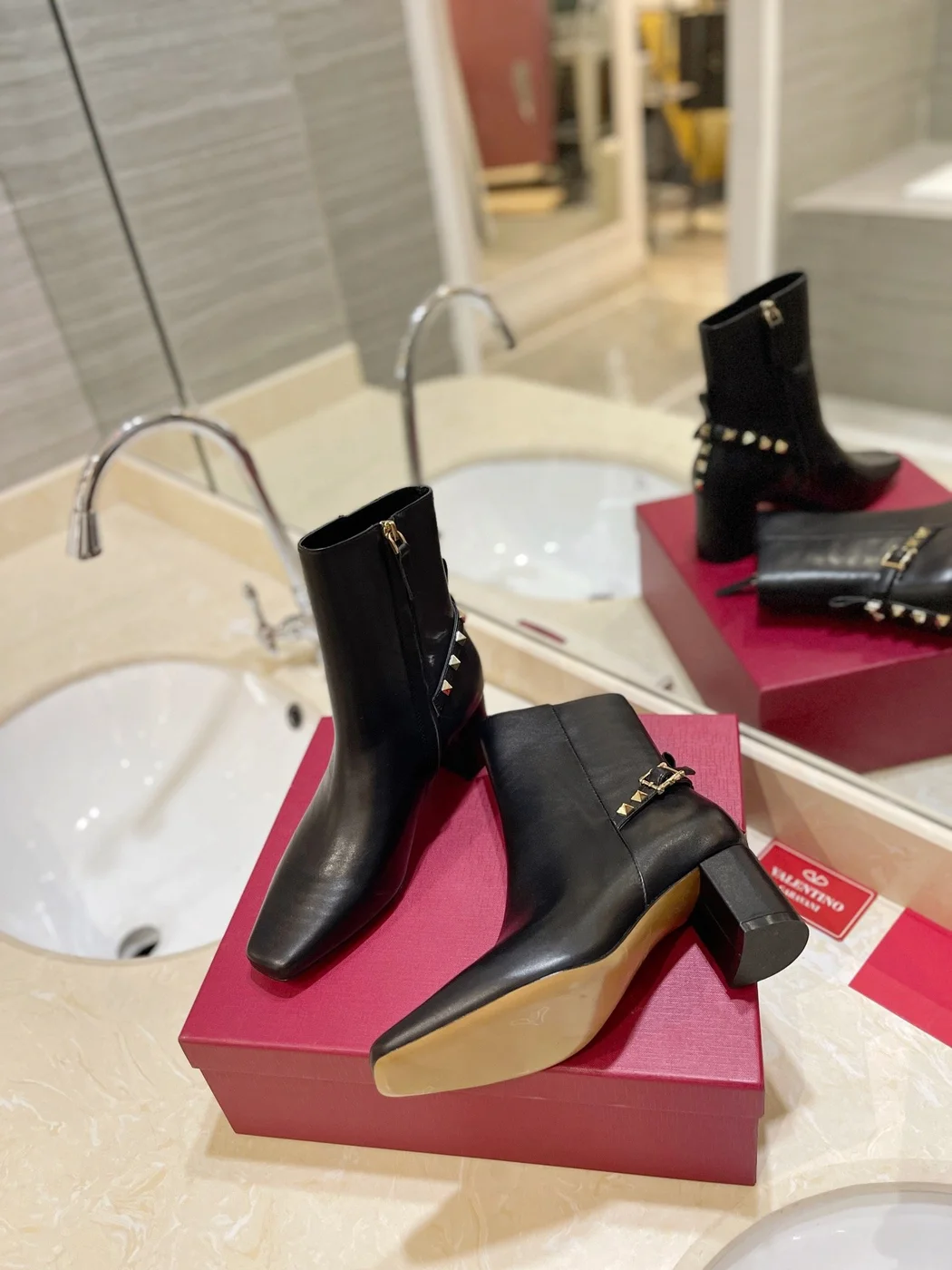 Valentino Women Black Leather Studded Ankle Boots product view 6