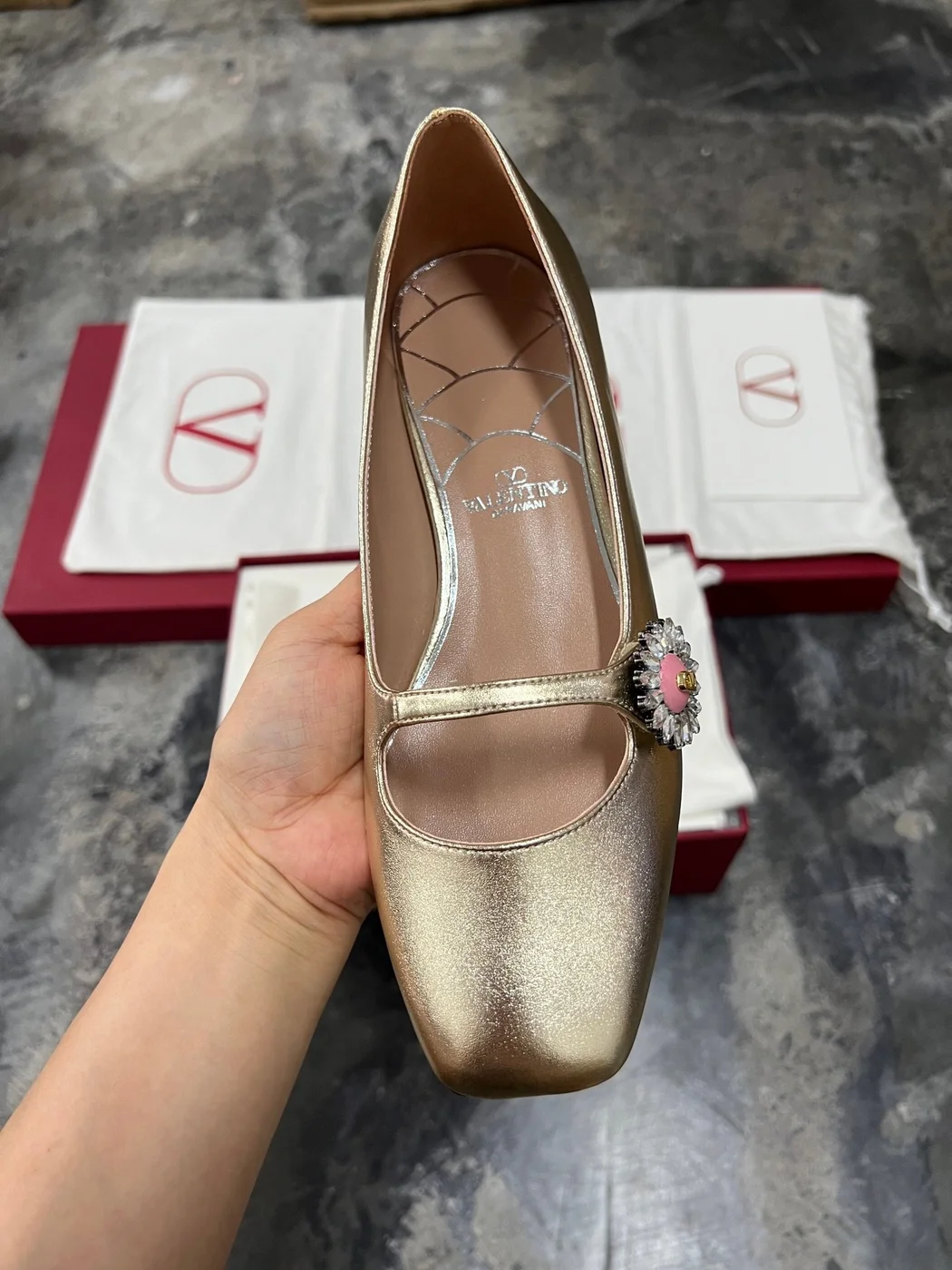 Valentino Women Gold Leather Embellished Flats product view 4