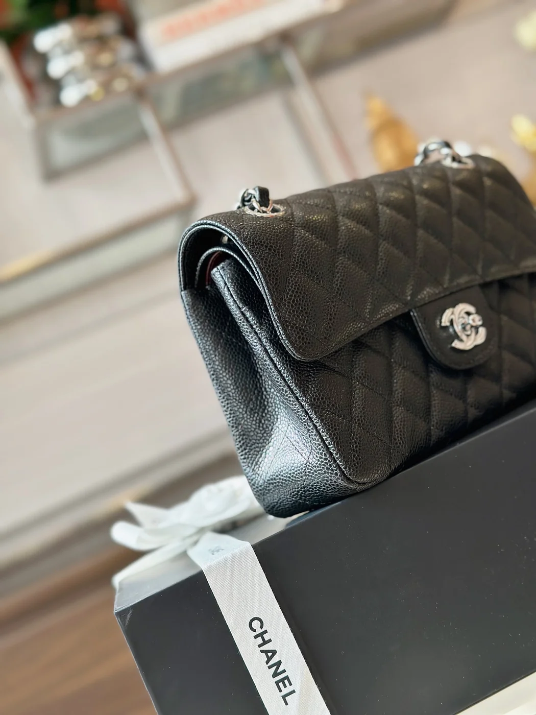 Chanel Classic Handbags Woman’s Black Leather Lock Silver 23 cm product view 3