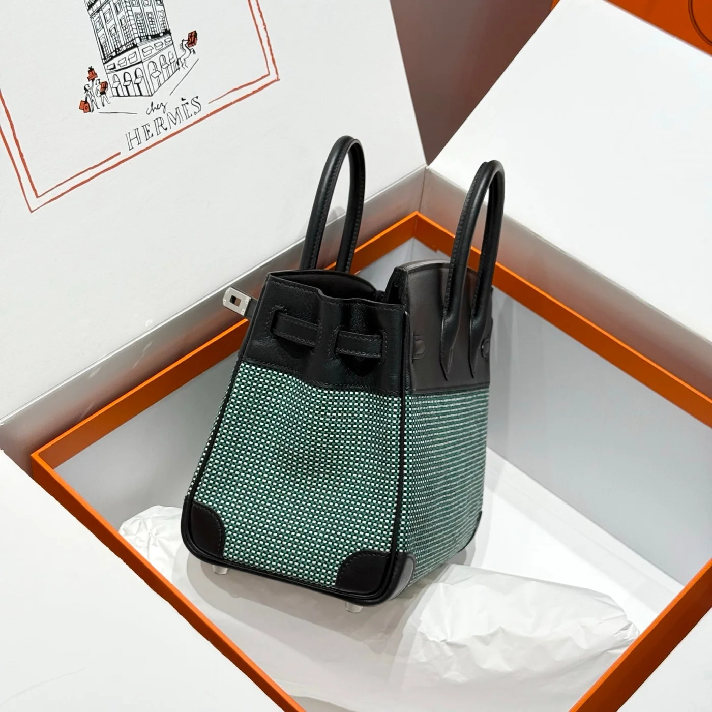 Hermès Birkin 25 cm In Black Swift Black/Mint/Blanc Toile Canvas (Custom-Made) Bag product view 3