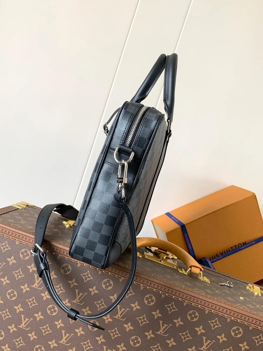 Louis Vuitton Checkered Briefcase Gray and Black product view 3