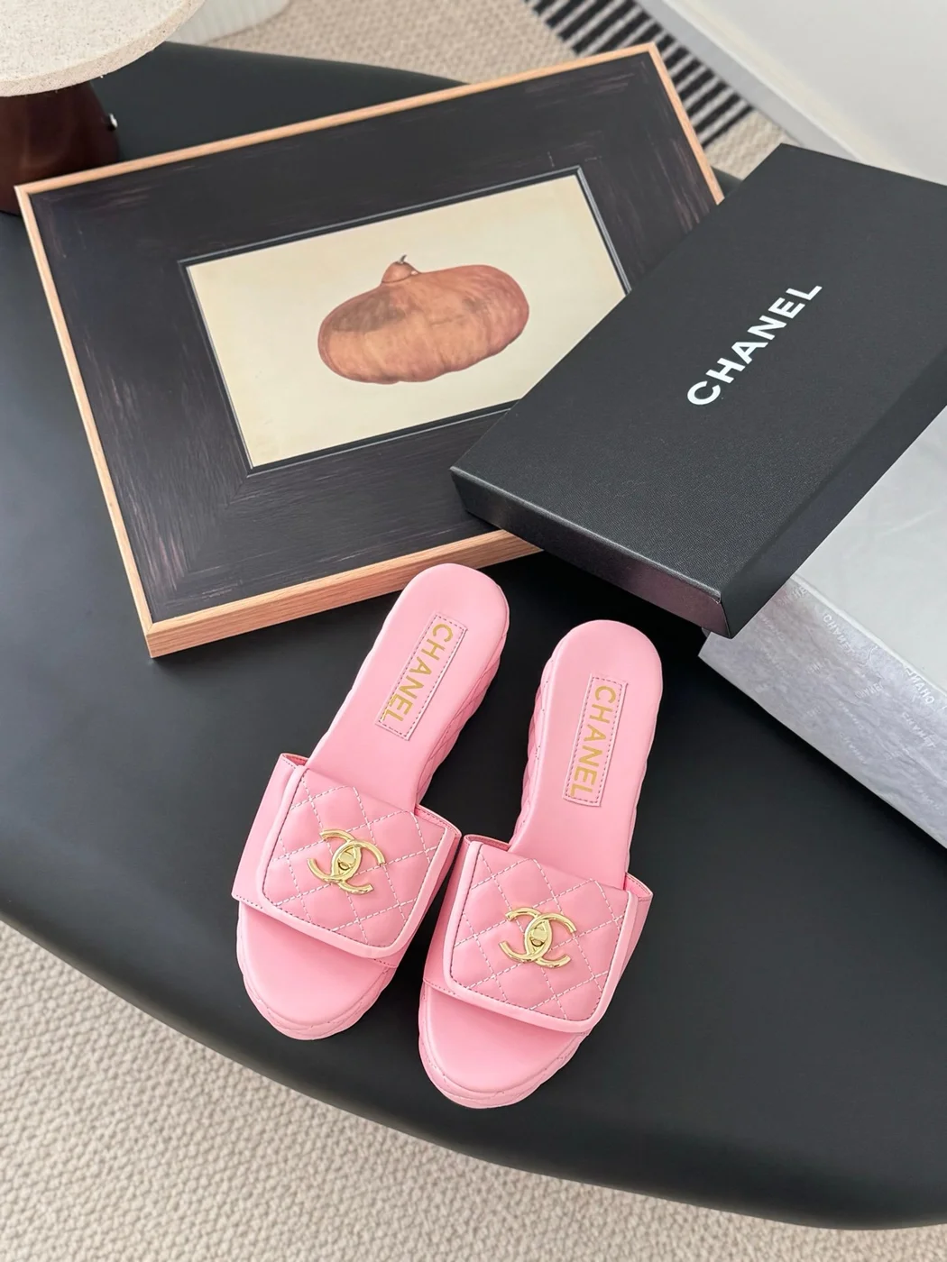 Chanel Women Pink Quilted Leather Slides product view 1