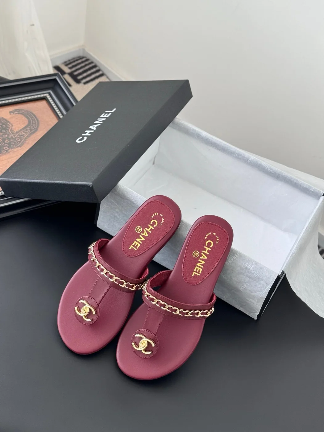 Chanel Women Burgundy Leather Chain Detail Slides product view 4