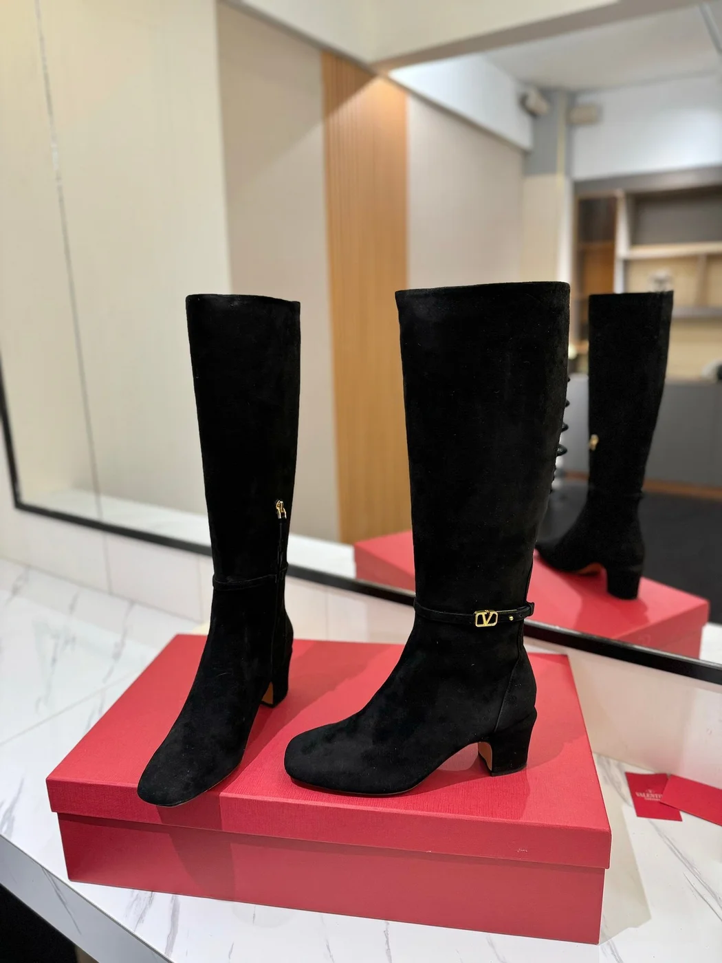 Valentino Women Black Suede Mid Heel Boots product view 2