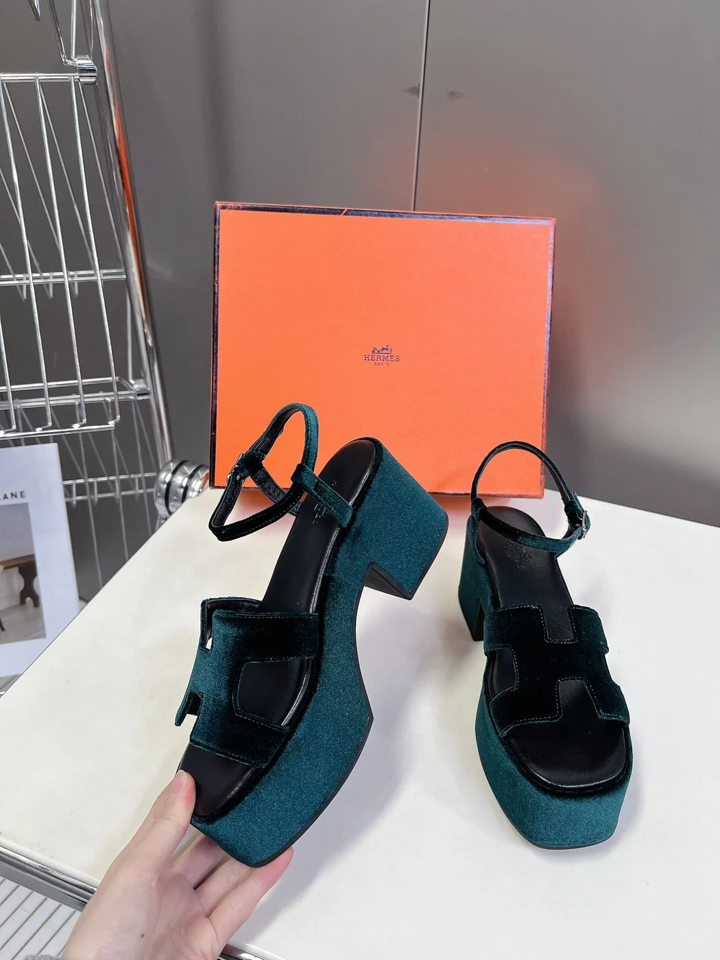 Hermès Women Dark Green Velvet Sandals product view 5