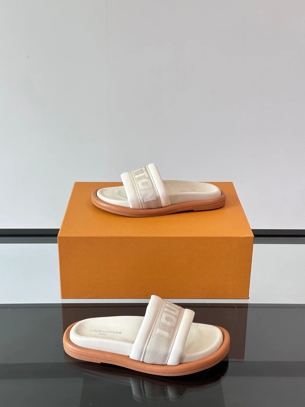 Louis Vuitton Men Beige Fabric Slides With Brown Sole product view 4