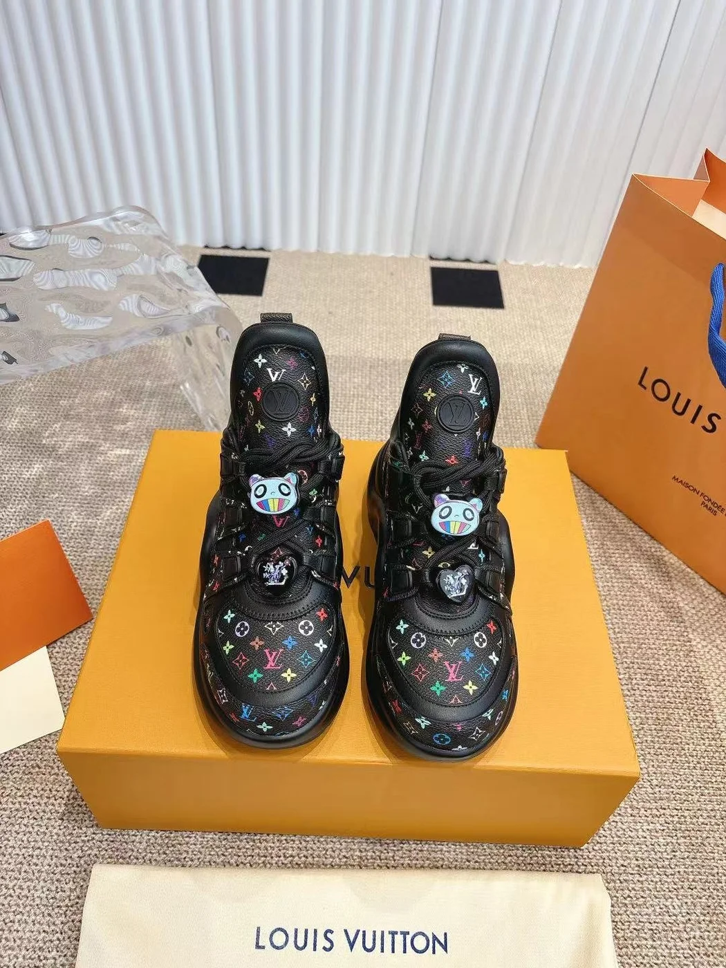Louis Vuitton Women Black Leather Multicolor Logo Sneakers product view 3