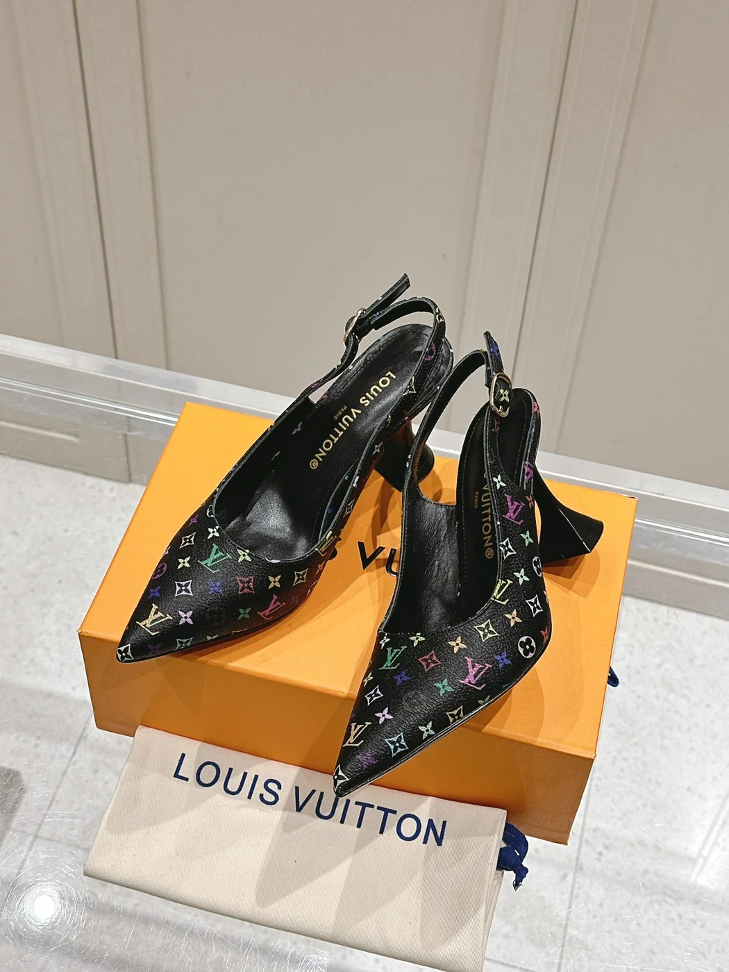 Louis Vuitton Women Black Patterned Leather Heels product view 3