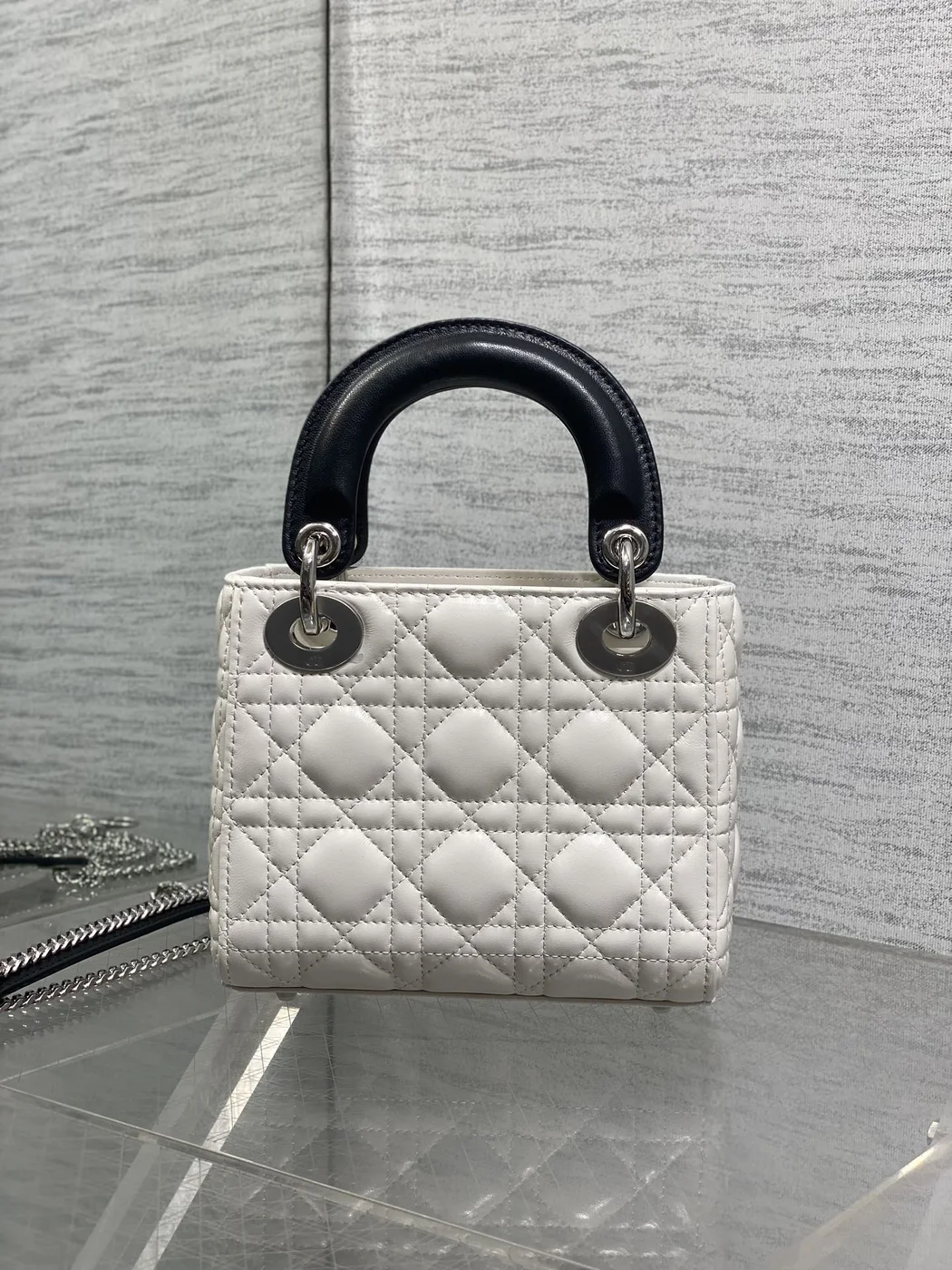 Dior Mini Lady Dior Bag with Chain in two-tone latte and black product view 6
