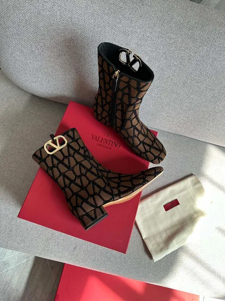 Valentino Women Brown Fabric Logo Pattern Boots product view 1