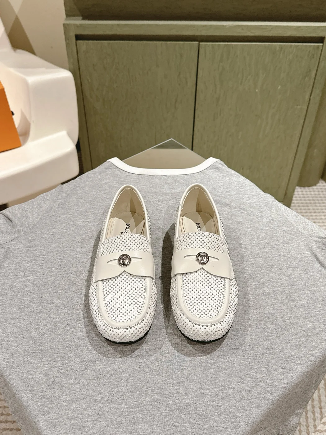 Louis Vuitton Women White Leather Studded Loafers product view 1