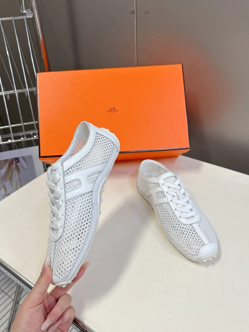Hermès Women White Mesh Leather Sneakers product view 5