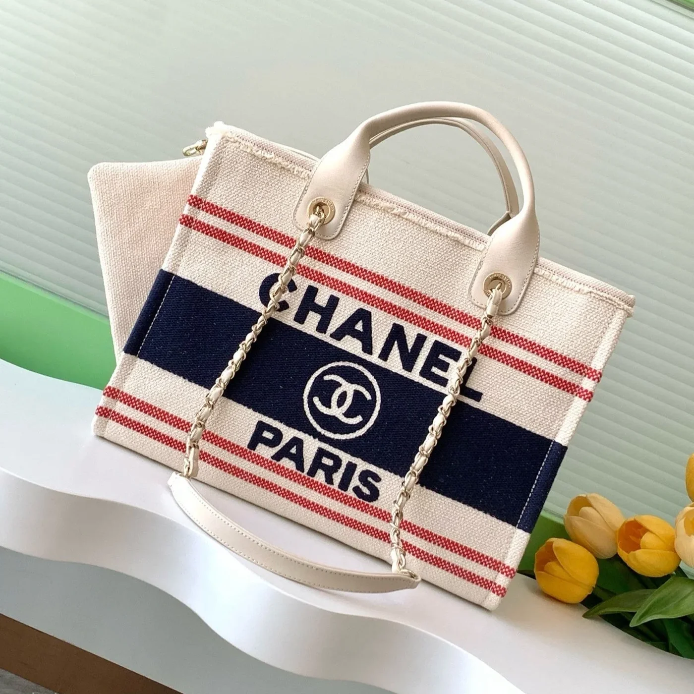 Chanel Shopping Bag 34 In White Red And Navy Blue Canvas product view 1