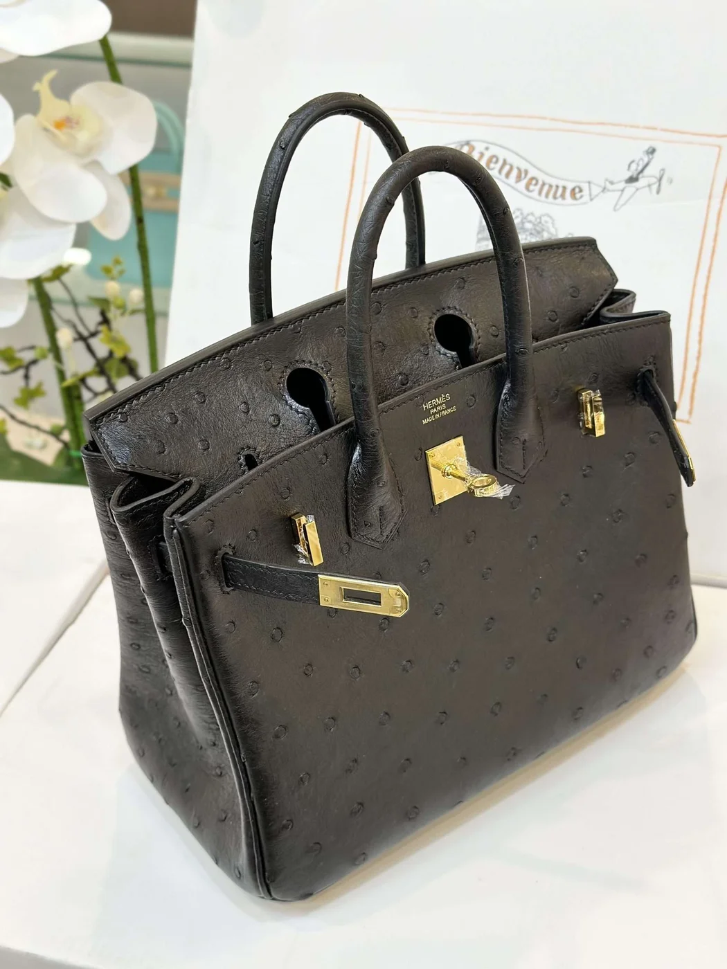 Hermès Birkin 25 Black Ostrich Leather Gold Hardware Bag product view 5