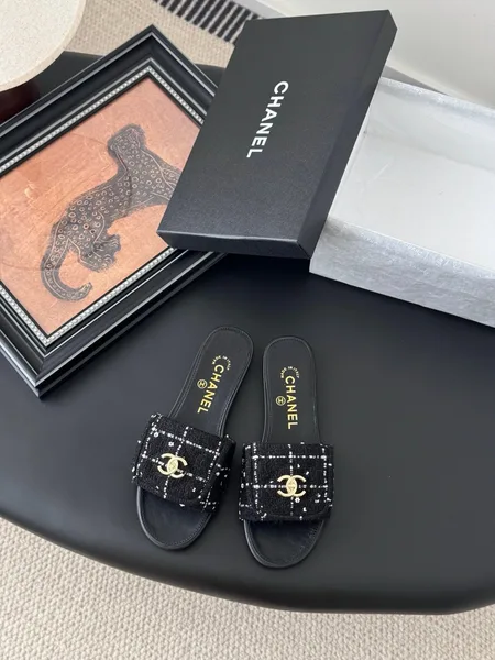 Chanel Women Black Tweed Leather Slides product view 1