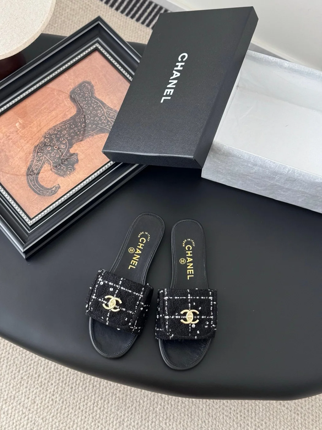 Chanel Women Black Tweed Leather Slides product view 1
