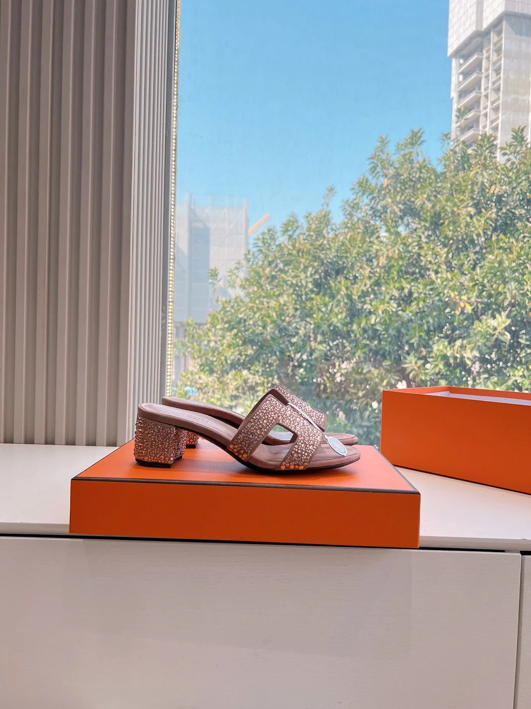 Hermès Women Pink Suede Crystal-Embellished Mules product view 2