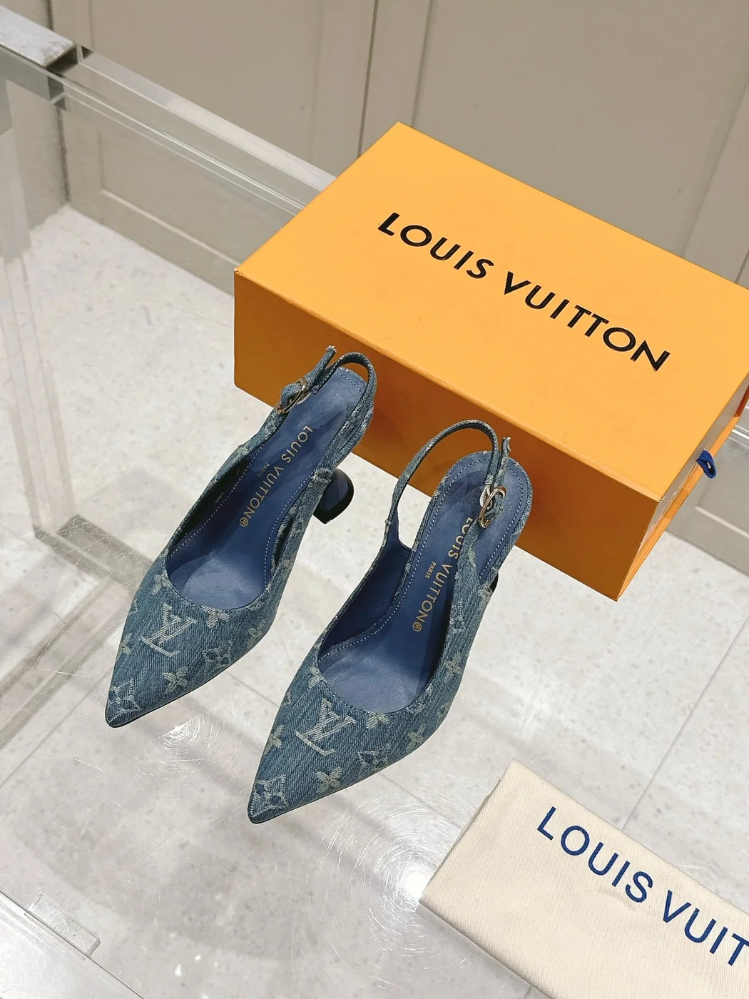 Louis Vuitton Women Blue Denim Leather Trim Slingback Heels product view 1