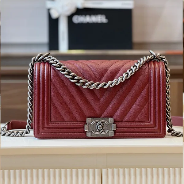 Chanel Boy Medium Handbag Woman’s V-Pattern Red Leather 25 cm product view 1