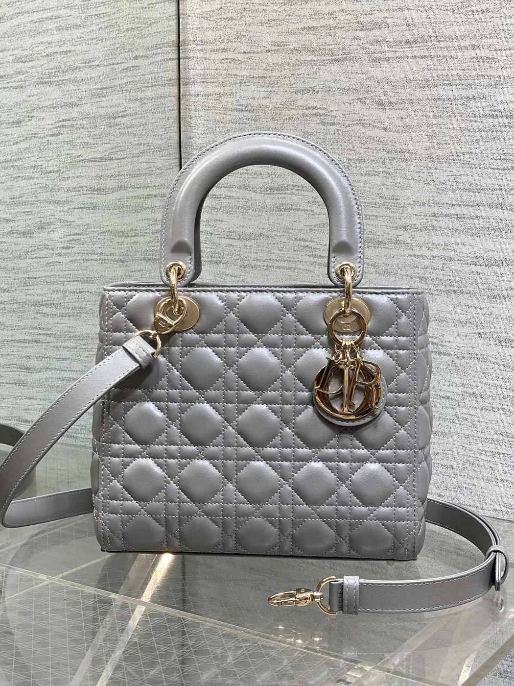 Dior Medium Lady in Grey Gold Hardware Bag