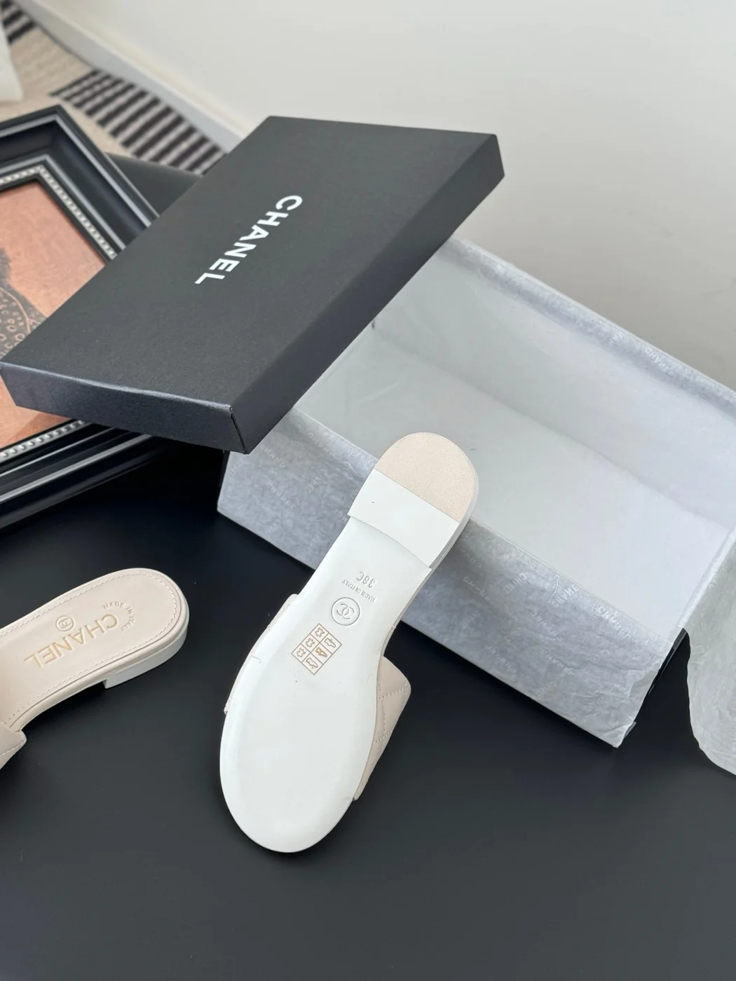 Chanel Women Cream Quilted Leather Slides product view 4