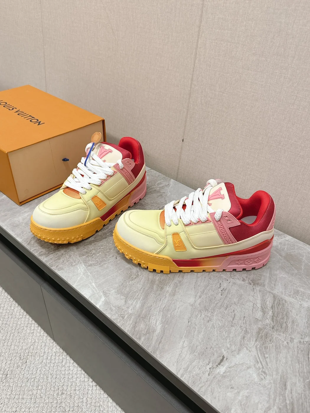 Louis Vuitton Women Yellow Leather Orange Accent Sneakers product view 3