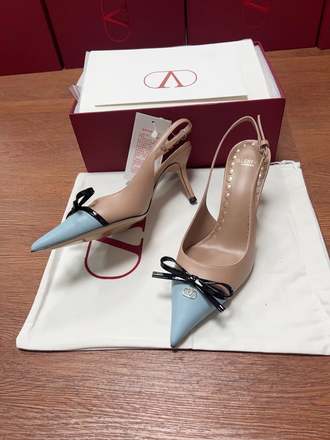 Valentino Women Nude Leather Blue Pointed Heels product view 4