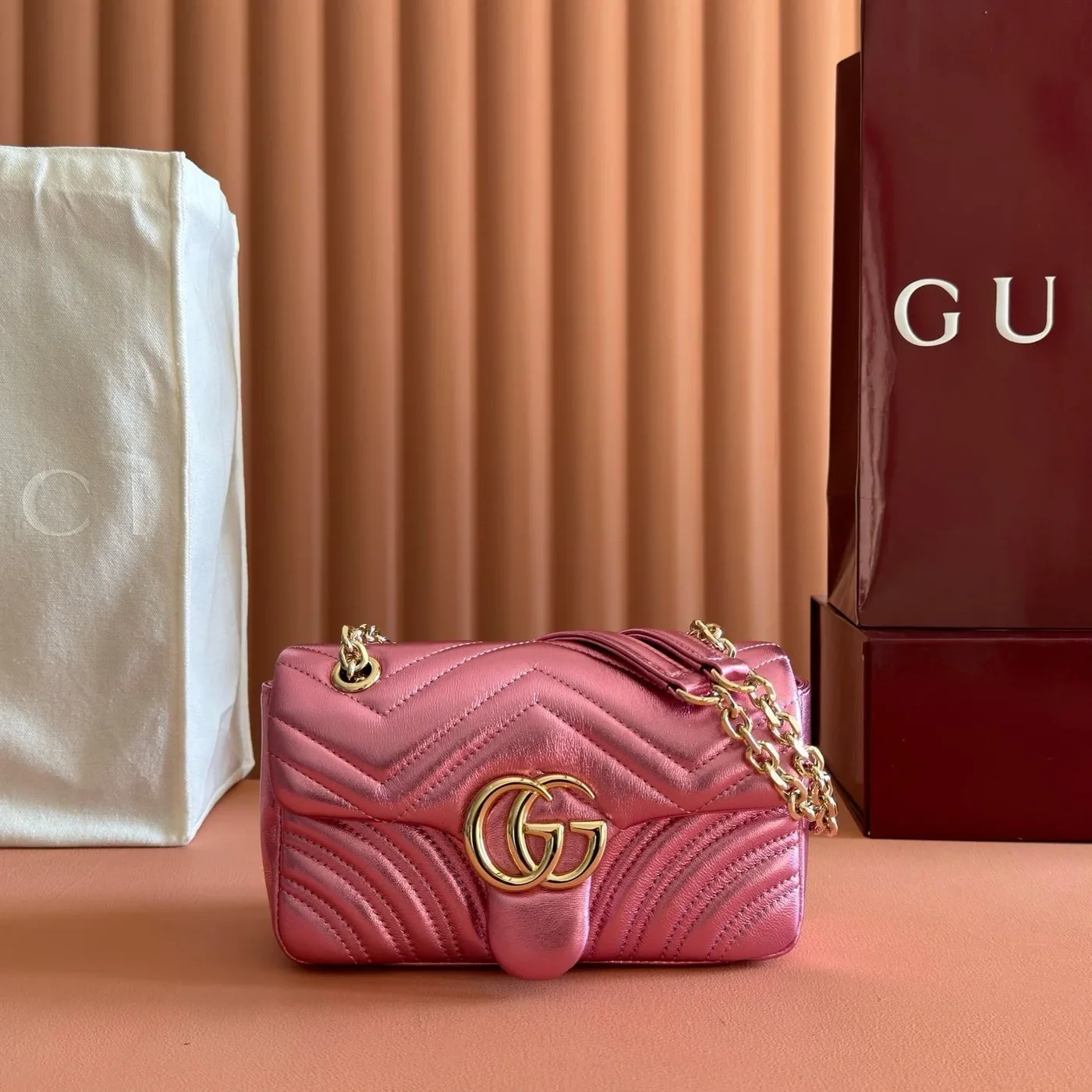 Gucci GG Marmont Bag 22 In Metallic Pink Lambskin product view 1